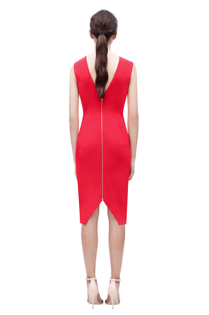 2-Victoria Beckham Red Deep V-Neckline V-Shape Hem Cutout Sleeveless Dress-1