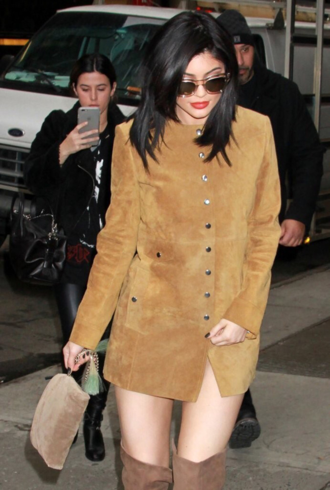 7 Kylie Jenner's Isabel Marant Suede Button Jacket Dress and Schutz Brown Over the Knee Boots