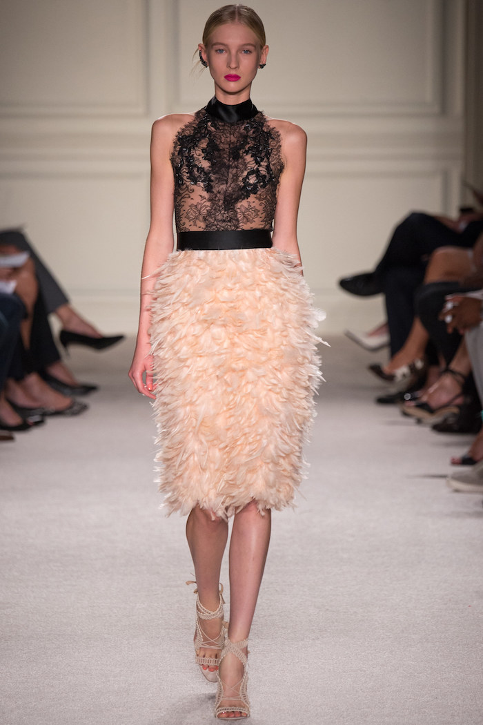 Spring 2016 Marchesa High Neck Black Lace And Feather Detail Sleeveless Dress