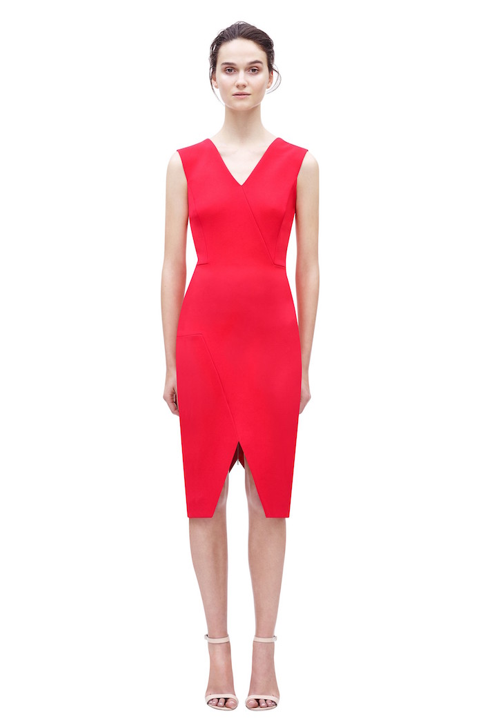 Victoria Beckham Red Deep V-Neckline V-Shape Hem Cutout Sleeveless Dress-1