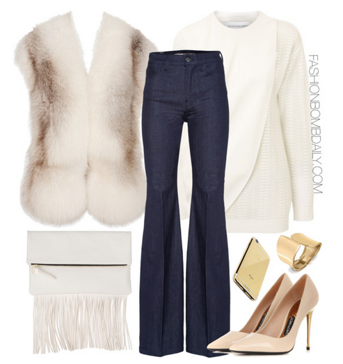 What to Wear New York Fashion Week Lucas Nascimento Jumper GIAMBATTISTA VALLI x SEVEN FOR ALL MANKIND Flared Jeans Jil Sander Belted fox fur stole Tom Ford Patent Leather Pumps