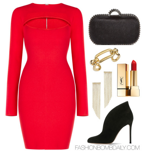 What to Wear for Valentine's Day BCBGMAXAZRIA Fyona Cutout Dress Gianvito Rossi Ankle Boots Sondra Roberts Calf Hair Clutch Balenciaga Maillon Link Cuff Bracelet