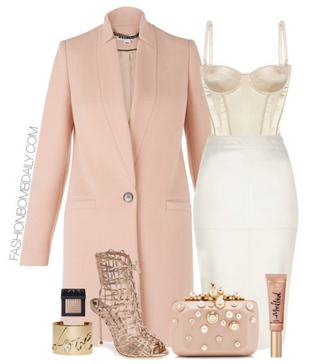 What to Wear for Valentine's Day Whistles Single Breasted Coat Stella McCartney satin corset Sophia Webster 'Delphine' Cage Bootie Elie Saab Pearl Embellished Clutch