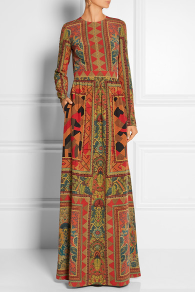 etro-fall-2015-geometric-print-silk-crepe-gathered-waist-long-sleeve-gown
