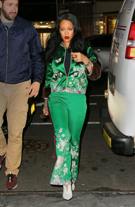 Rihanna looked chic will wearing Gucci's floral embroidered matching set while out in New York City. WERK!