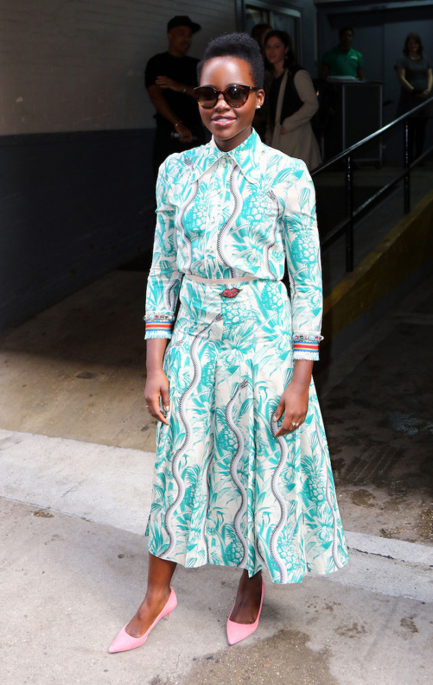 1-Lupita Nyong'o's AOL Build Gucci Spring 2016 Floral Print Embellished Long Sleeve Shirt And Matching Pleated Skirt
