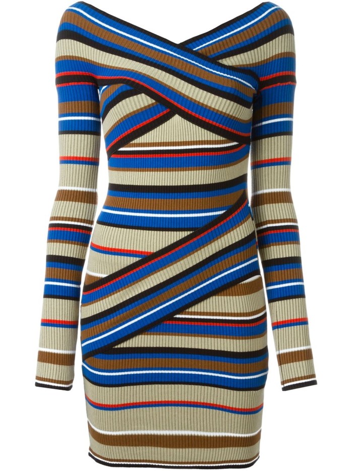 1 Shaunie O'Neal's MSGM Beige, Blue, and Red Off the Shoulder Striped Bandage Dress