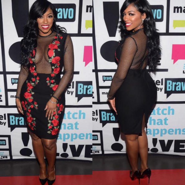 2 Porsha Williams's Watch What Happens Live House of CB Carmen Floral Embroidered and Black Mesh Dress