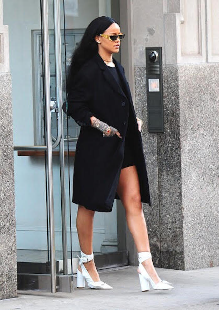 2-rihanna-nyc-Spring 2016 Dior White Buckle Detail Pointed Toe Block Heel Ankle Wrap Shoes