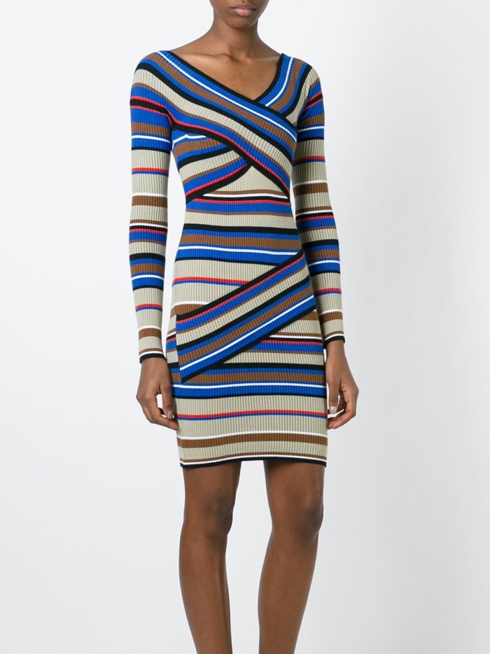3 Shaunie O'Neal's MSGM Beige, Blue, and Red Off the Shoulder Striped Bandage Dress