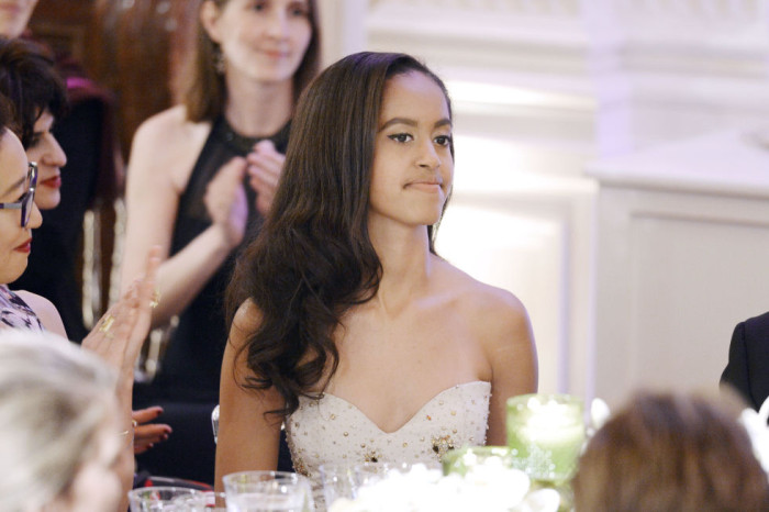 Beauty Malia Obama stunned at the White House State Dinner in an embellished dress.