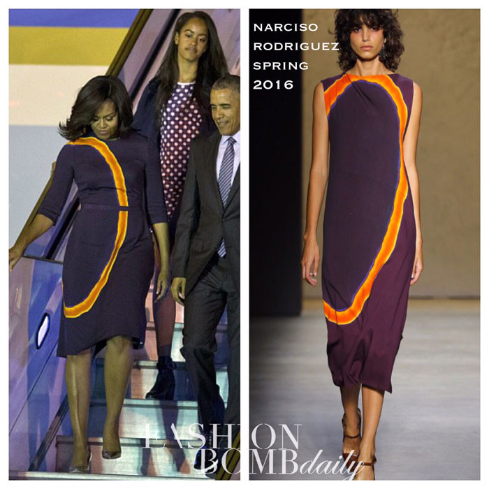 _FLOTUS-Michelle-Obama-Wears-Narcisco-Rodriguez-Spring-2016-Burgundy-and-Orange-Three-Quarter-Sleeved-Printed-Midi-Dress-In-Buenos-Aires