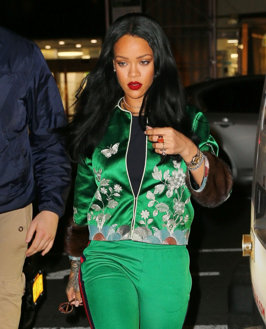 Rihanna's New York City Gucci Spring 2016 Green Floral Embroidered Track Jacket and Pants
