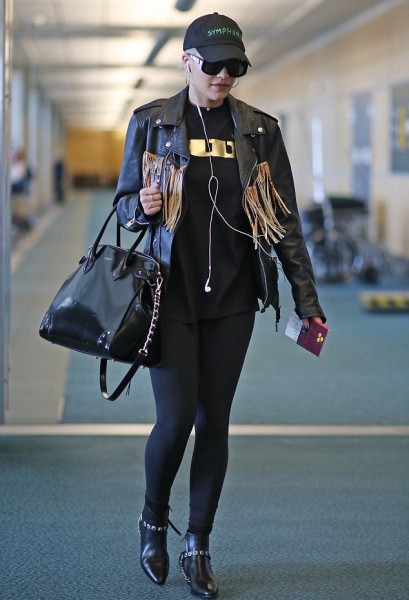 Rita Ora's Vancouver International Airport Saint Laurent Fringed Biker Jacket 6