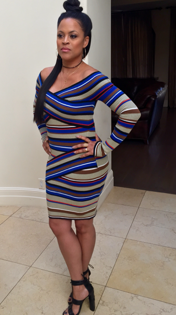 Shaunie O'Neal's MSGM Beige, Blue, and Red Off the Shoulder Striped Bandage Dress