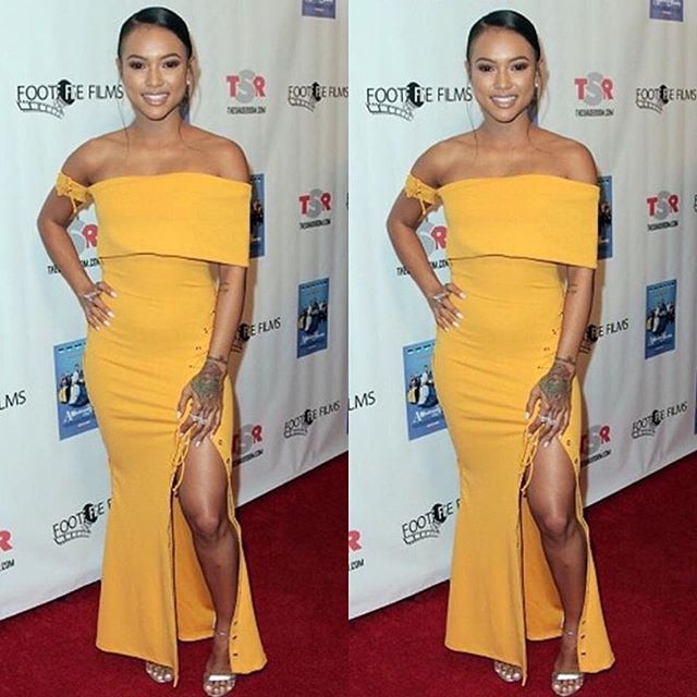 Splurge-Karrueche-Tran-A-Meeting-with-the-Family-Premiere-Zeena-Zaki-Golden-Off-the-Shoulder-Dress-with-Lace-Up-Detailing-2