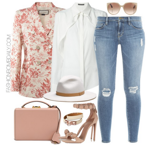 Spring 2016 Style Inspiration 5 Fabulous Looks Gucci Floral Print Blazer Alexander McQueen Pleated Blouse Alaia Embellished Suede Sandals Mark Cross Box Bag