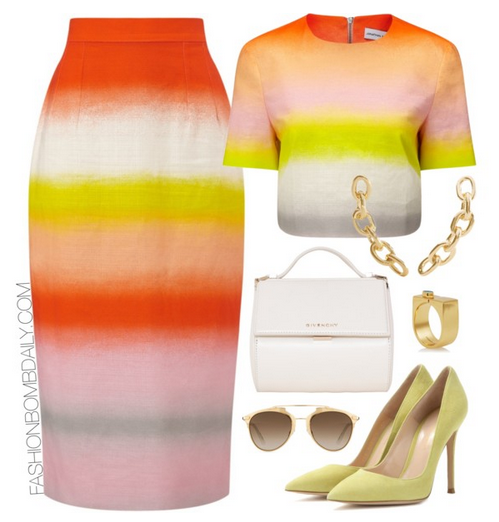 Spring 2016 Style Inspiration 5 Fabulous Looks Jonathan Saunders Ombre Crop Top and Skirt Gianvito Rossi Suede Pumps Givenchy Pandora Box Mini Leather Bag