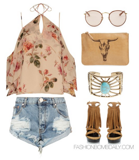 What to Wear to a Music Festival Exclusive for Intermix Ally Printed Floral Cami Burberry London Minstead suede fringed wedge sandals Ray Ban round frame sunglasses