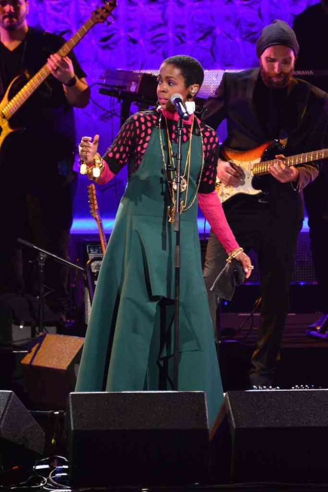 1 Lauryn Hill's Black Girls Rock! Performance Marni Spring 2016 Forest Green Jumpsuit, Black Perforated Shirt, and Pink and Brown Bangles