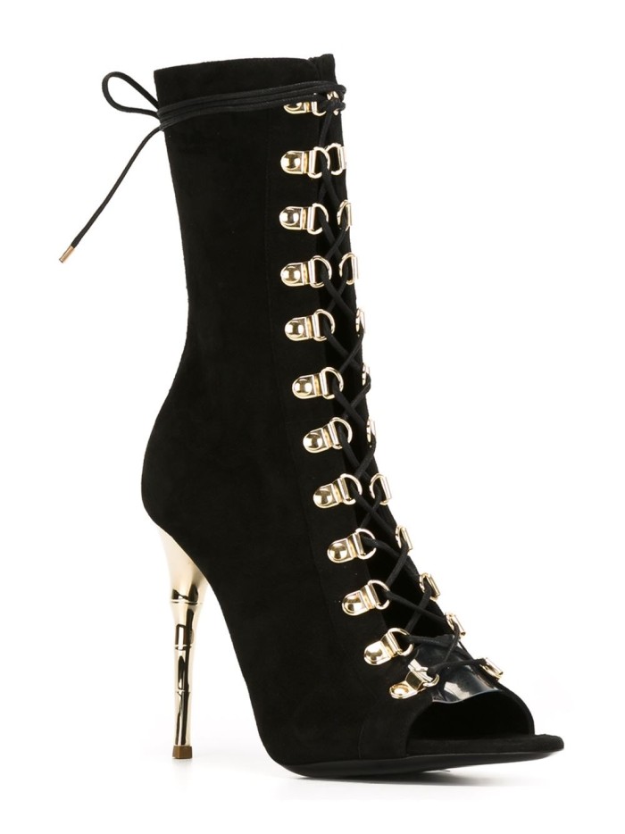 2 Mariah Carey's Paris VIP Room Balmain Black Deep Plunge Dress and Balmain Lace Up Ava Sandal Boots