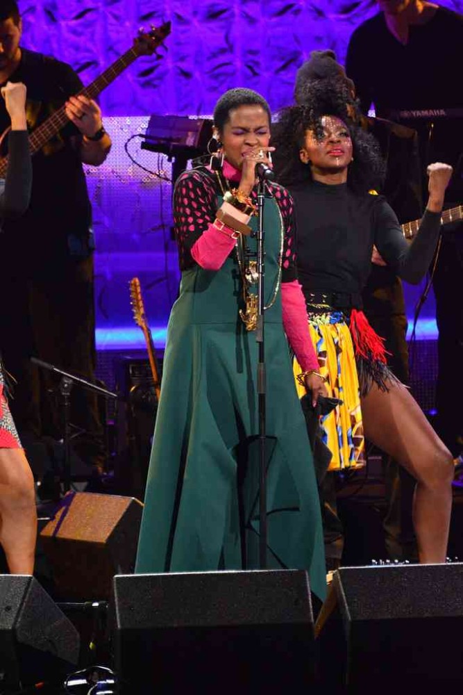 3 Lauryn Hill's Black Girls Rock! Performance Marni Spring 2016 Forest Green Jumpsuit, Black Perforated Shirt, and Pink and Brown Bangles