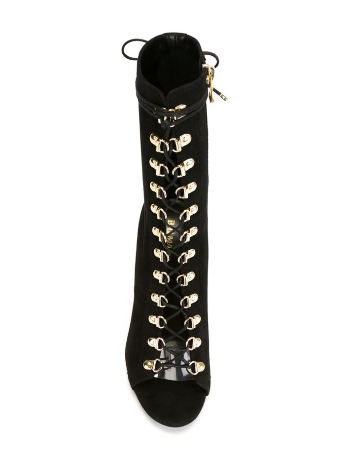 3 Mariah Carey's Paris VIP Room Balmain Black Deep Plunge Dress and Balmain Lace Up Ava Sandal Boots
