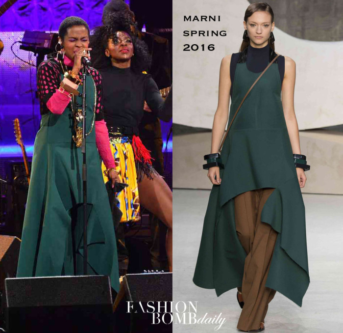 _Lauryn-Hill's-Black-Girls-Rock!-Performance-Marni-Spring-2016-Forest-Green-Dress,-Black-Perforated-Shirt,-and-Pink-and-Brown-Bangles