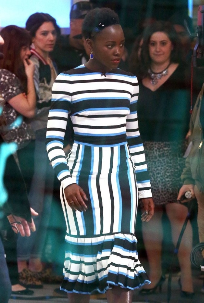 Lupita-Nyongo-Good-Morning- America-Blue-Black-and-White-Striped-Custom-Dolce-and-Gabbana-Midi-Dress-2