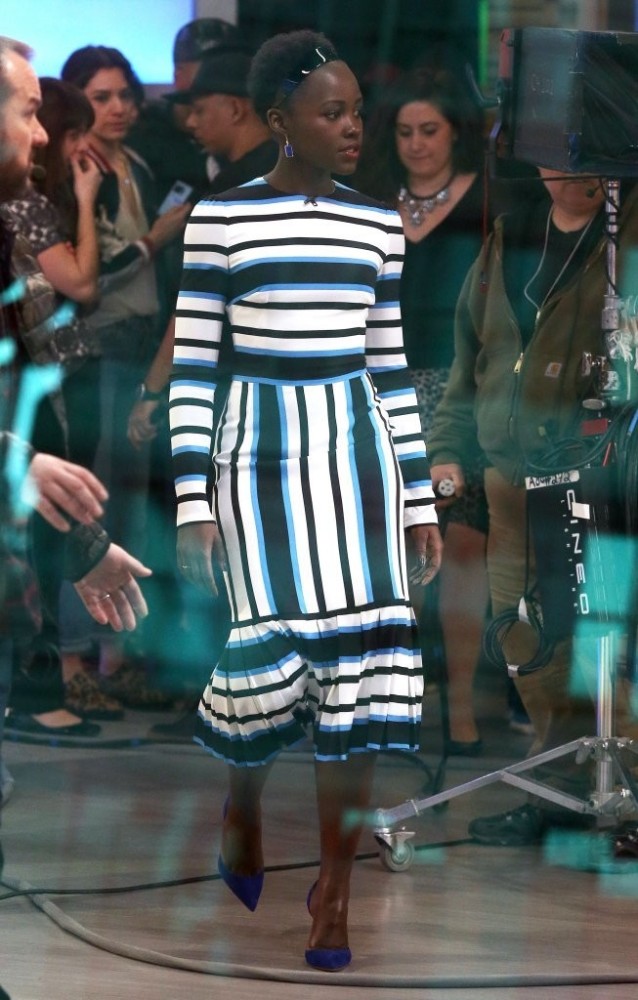 Lupita-Nyongo-Good-Morning- America-Blue-Black-and-White-Striped-Custom-Dolce-and-Gabbana-Midi-Dress-3