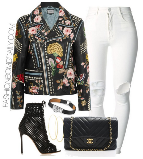 Spring 2016 Style Inspiration 5 Fab Denim Looks Gucci Embellished Leather Biker Jacket Gianvito Rossi Woven Peep Toe Ankle Boots Chanel Chevron Double Flap Bag