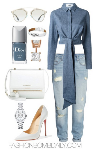 Spring 2016 Style Inspiration 5 Fab Denim Looks MSGM Cropped Tie Shirt Christian Louboutin So Kate Pump Givenchy Pandora Box Mini Leather Shoulder Bag Dior Reflected Sunglasses