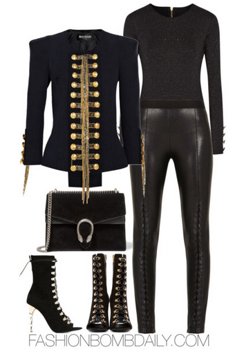 Spring 2016 Style Inspiration What to Wear to Beyonce's Formation Tour Balmain Jacket Cushnie et Ochs BCBG Beaux Faux Leather Lace Up Leggings Balmain Ava Boots Gucci Dionysus Bag
