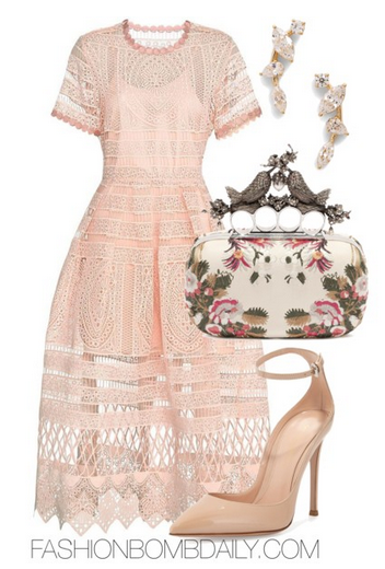 What to Wear to a Spring Wedding Alexis Alanna Blossom Embroidered Lace Dress Gianvito Rossi Patent Low-Collar Ankle-Wrap Pump Alexander McQueen Floral Embroidery Bird Knuckle Clutch