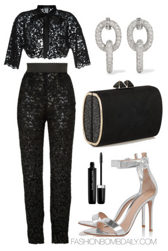 What to Wear to the Tribeca Film Festival Dolce & Gabbana Floral Lace Bolero Jacket and Pants Gianvito Rossi Metallic Leather Sandals Jimmy Choo Minicharm Clutch