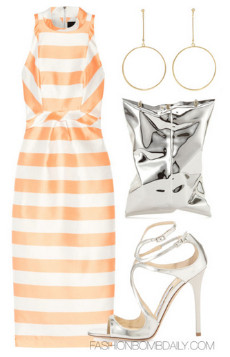 What to Wear to the Tribeca Film Festival Paper London Sirocco striped gazar dress Jimmy Choo Lance Metallic Strappy Sandal Anya Hindmarch Crisp Packet Clutch