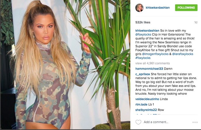 khloe kardashian camouflage bodysuit comments