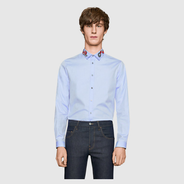 2-Gucci Baby Blue Snake Applique-Embroidered Collar Oxford Shirt