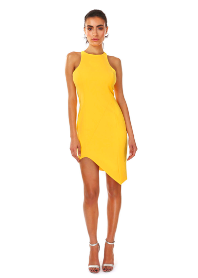 8 Amber Rose's Jay Godfrey Yellow Racer Front Asymmetrical Hem Dress and Aquazzura Hello Lover Black Suede Gold Ankle-Strap Pumps