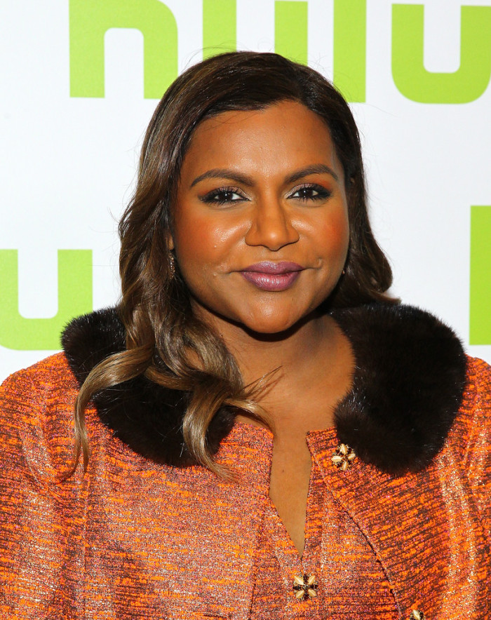 Hot-Or-Hmm-Mindy-Kaling-2016-Hulu-Upfront-Event-Custom-Salvador-Perez-Orange-and-Gold-Button-Detail-Dress-and-Matching-Faux-Fur-Trimmed-Coat-4