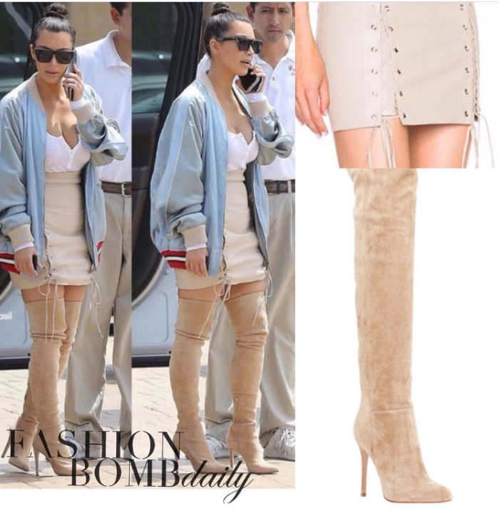 Kim-Kardashian-Perfext-Lace-up-skirt-Gucci-bomber-Gianvito-Rossi-nude-suede-boots