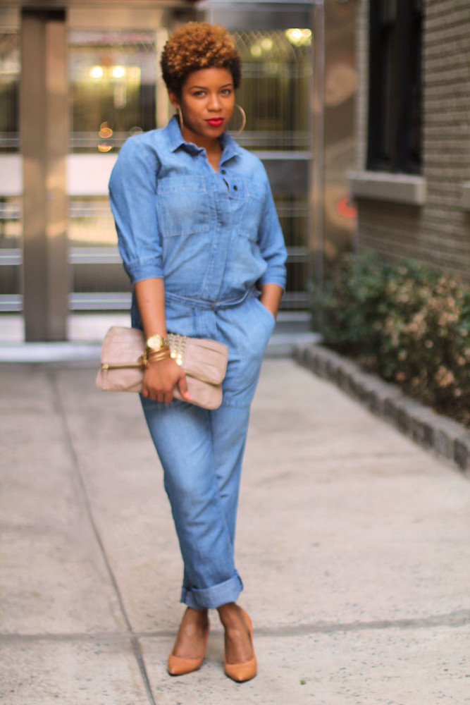 Melissa-Chanel-wore-a-light-blue-denim-jumpsuit-paired-with-hoop-earrings-and-a-red-lip-WERK!-2