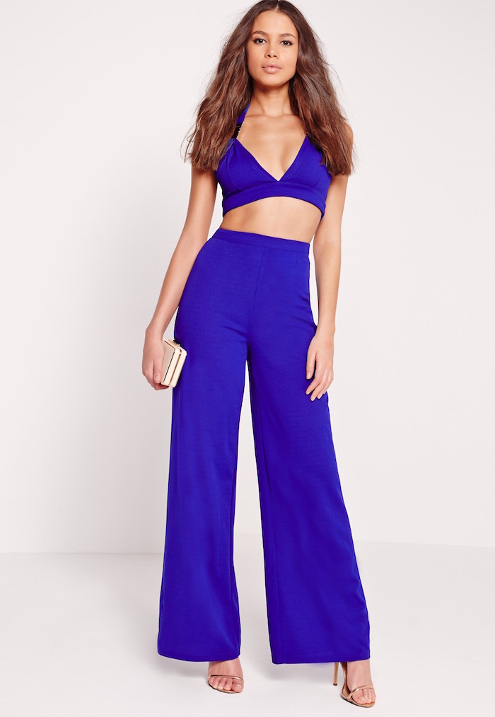 Missguided Cobalt Blue Cut Out Back Crop Top And Wide Leg Trouser Set