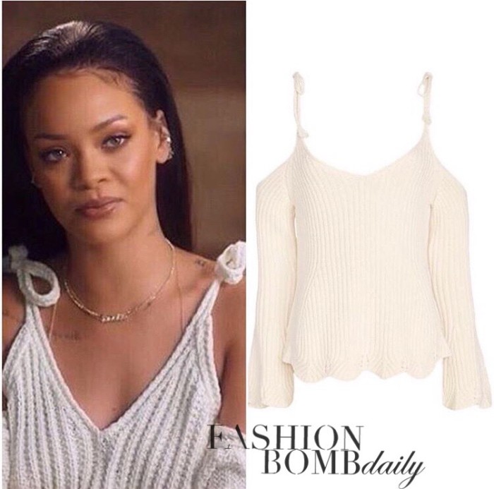 Rihanna-Clara-Lionel-Foundation-Chase-Tie-strap-cold-shoulder-knit-cream-top