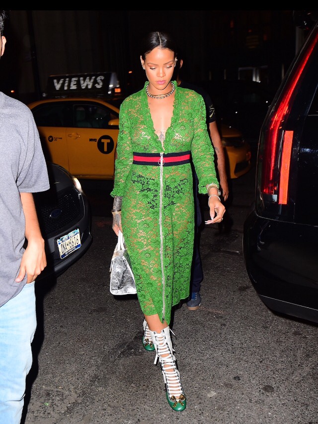 Rihanna's New York's Gucci Spring 2016 Green Dress, Gucci 'Finnlay' Laced-Up Green Black and White Heels, and Christian Dior 'Diorever' Silver Tote Bag