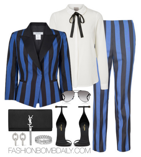 Spring 2016 Style Inspiration 5 Fabulous Printed Suit Looks Carla Zampatti Stripe Blazer and Pants Saint Laurent Classic Jane Sandal Classic Monogram Saint Laurent Tassel Clutch
