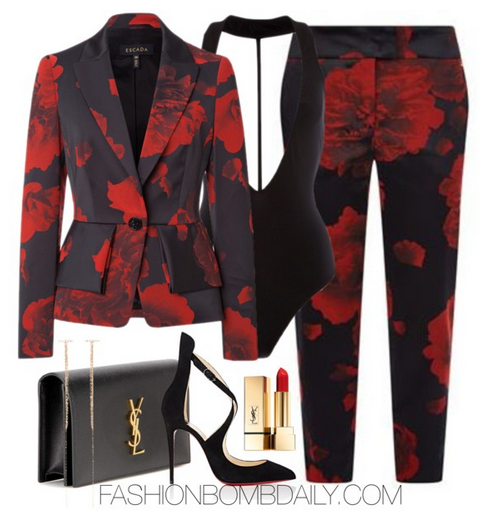 Spring 2016 Style Inspiration 5 Fabulous Printed Suit Looks Escada Rose Jacquard Print Blazer and Pants Christian Louboutin Marlenarock Pump Saint Laurent Classic Monogram Leather Clutch
