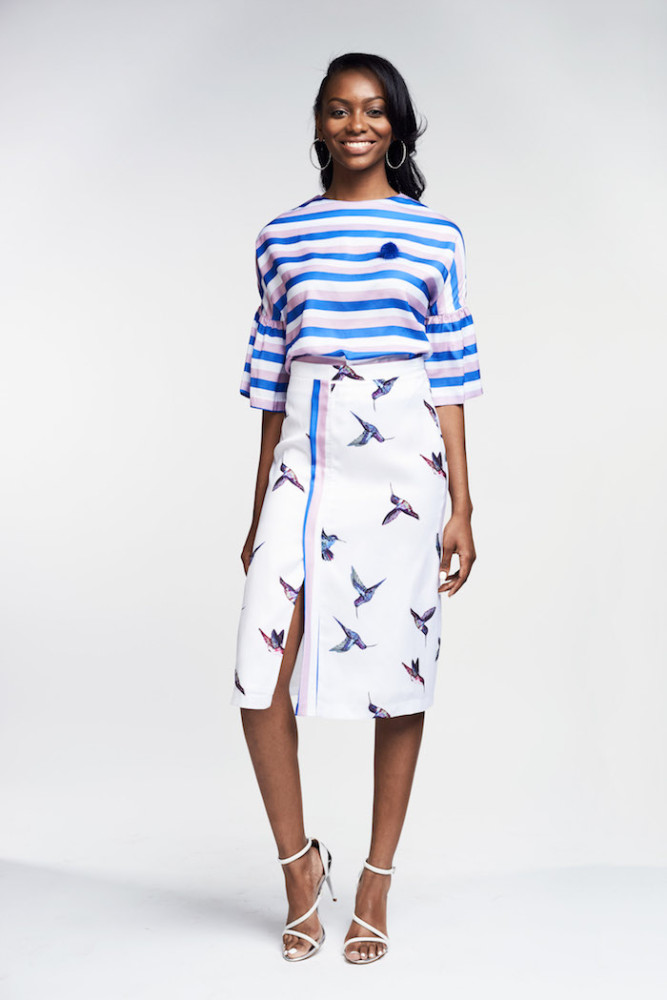 Stripe Crop Top with Bird Print Midi Skirt