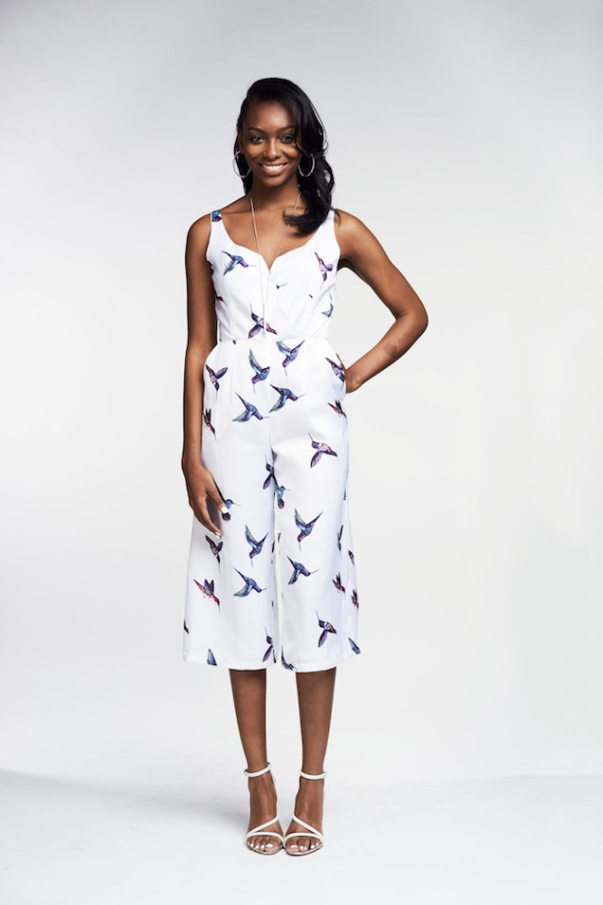 Undra Celeste Spring 2016 Bird Print Jumpsuit White