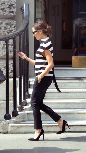 Victoria Beckham's The Art Club Victoria Beckham Striped Knitted Top, Black Tuxedo Trousers and Gucci 'Adina' Horsebit Detailed Suede Pumps 3
